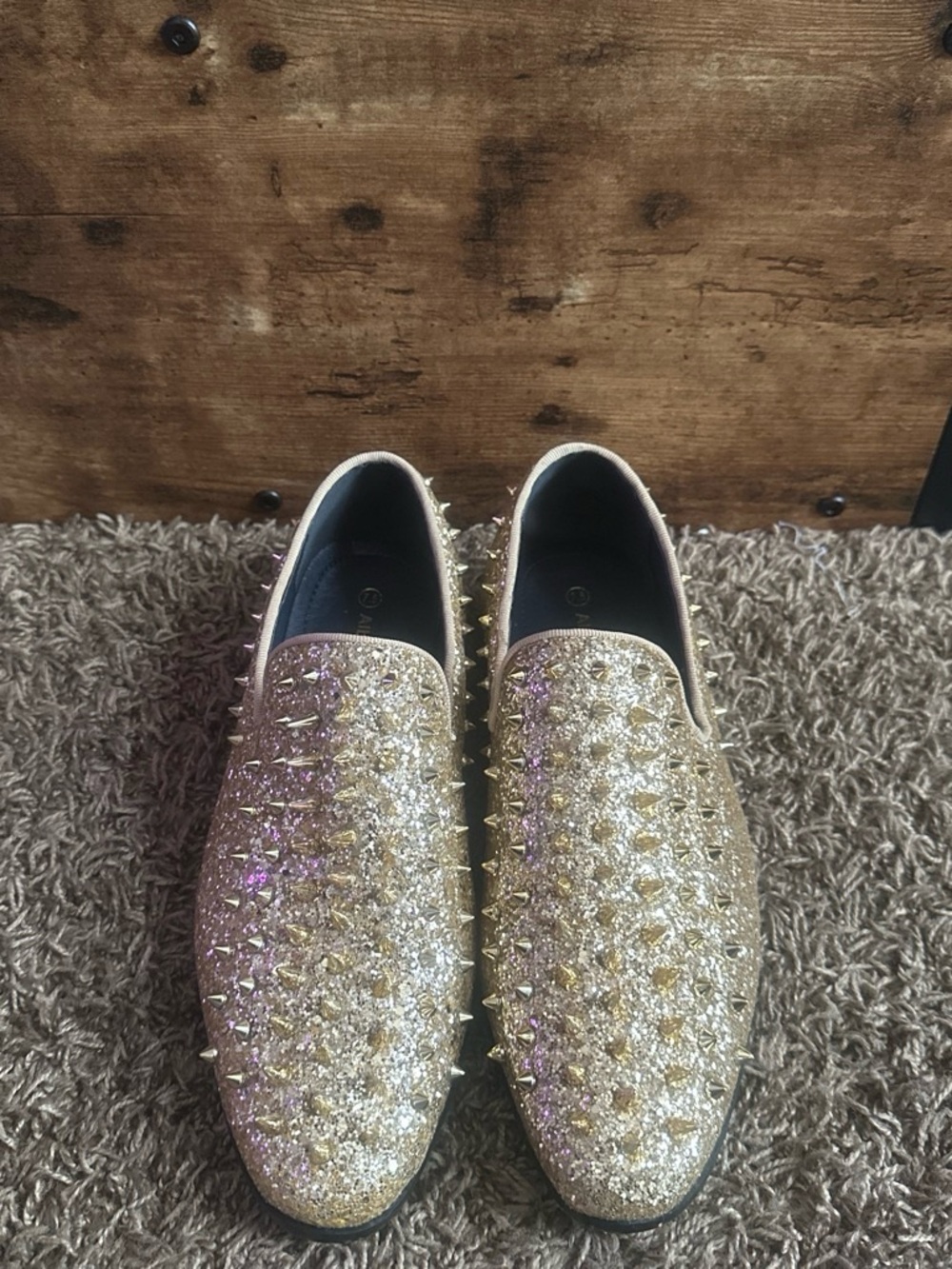Alberto Fermani Gold Glitter Spike-Embellished Men’s Slip-On Loafers